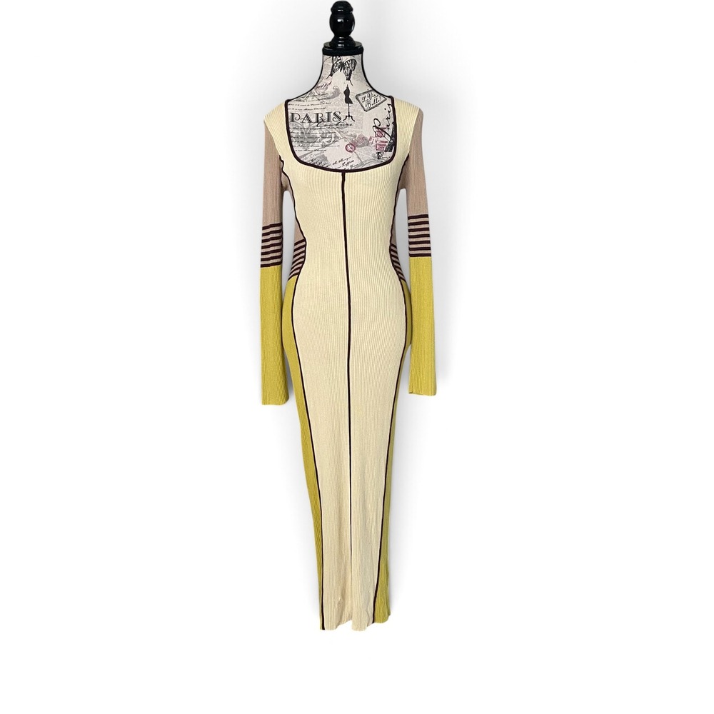 Fashion Nova Zarita Knit Midi Dress Women Large Cream Multi Colorblock